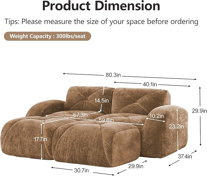Modular Sectional Sofa with Free Combination,Boneless Floor Couch for Small Spaces, Living Room & Lounge,Velvet 2-Seater Sectional Couch with 2 Ottomans,No Assembly Needed