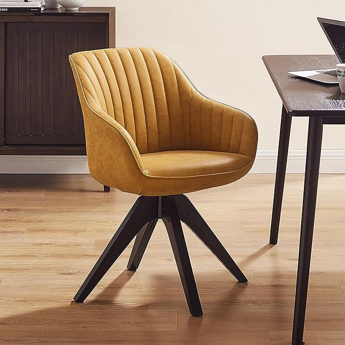 Art Leon Office Chair No Wheels, Mid Century Modern Desk Chair, Swivel Accent Chair with Oak Wood Legs, Faux Leather Upholstered Armchair for Desk, Yellow Brown