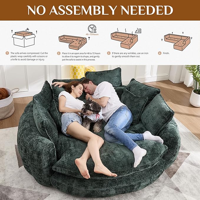81" Oversized Bean Bag Chair Boneless Round Chaise Lounge Comfy Chenille Reading Chair Fluffy Plush Sofa Bed Large Deep Seat Circle Cloud Couch for Living Room, Bedroom, Apartment, Green