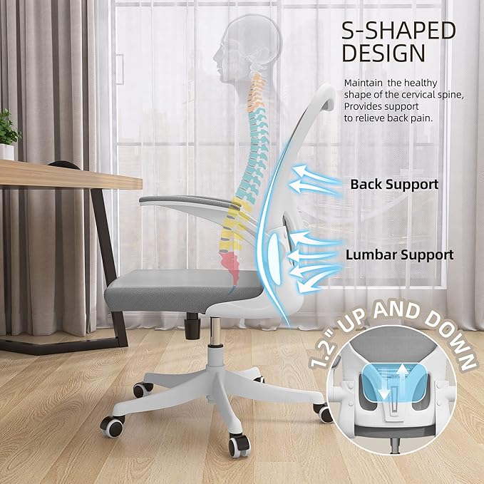 Monhey Office Chair Ergonomic Desk Chair with Lumbar Support&Headrest&Flip-up Arms Height Adjustable Rocking Swivel Computer Chair Multi-Angle from 90° to 125° with 350LBS Capacity (01White+Gray)