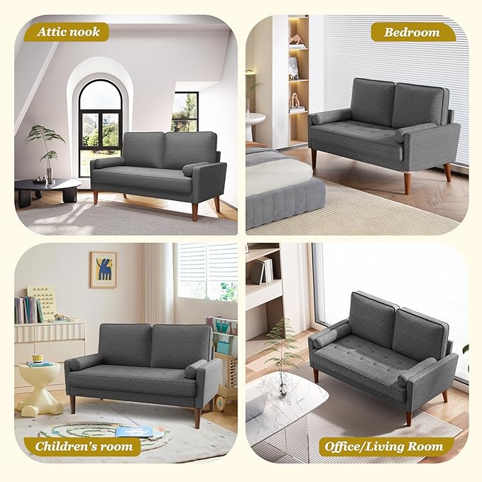 Loveseat Sofa with Solid Wood Legs, 48" Small Couches for Small Spaces, Love Seat for Living Room, Bedroom, Easy Assembly Mid Century Modern Couch with Throw Pillow for Apartment, Grey