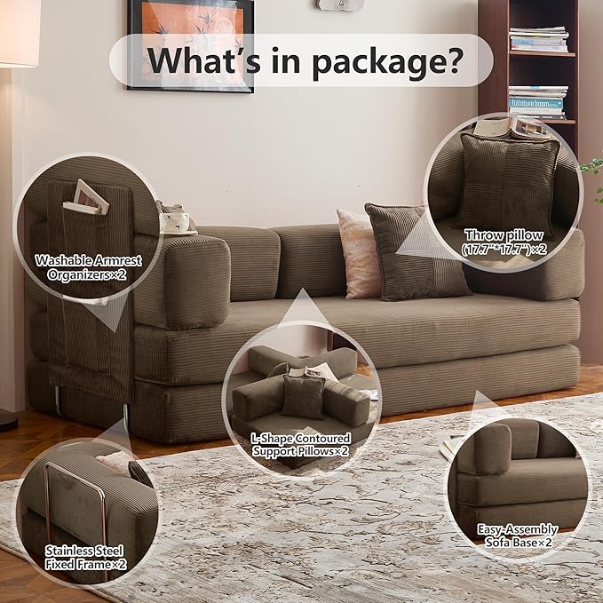 LIAROO 78.8" Convertible Sofa Bed -Compression Sofa with Corduroy Fabric - with Armrests and Backrest - Modular Sectional for Living Room, Bedroom, Studio - Compression Sofa in Box (Brown)