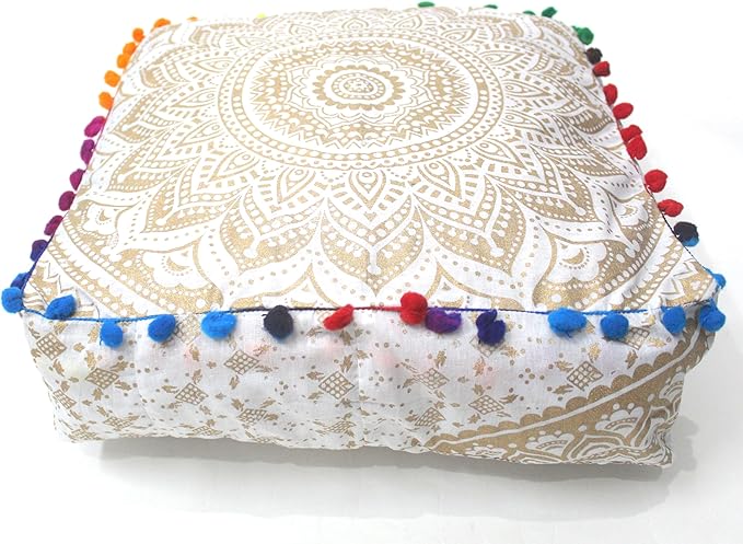 CRAFT KALA 18" Square Large Hippie Mandala Meditation Floor Ottoman Pillow Cushion Pouf Cover Square Poufs Bohemian Circle Floor Cushion Case Outdoor Fireplace Living Room Decor Cover Golden Ombre