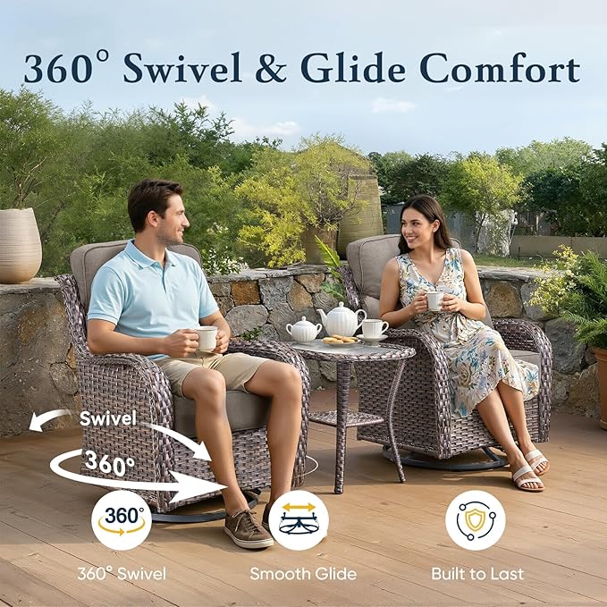 Belord Luxury 6" Thick Cushioned 8 Pieces Patio Furniture Set with Outdoor Couch, Wicker Outdoor Conversation Set with High Back Swivel Rocker Chairs for Deck Porch Yard and Poolside - Brown+Grey