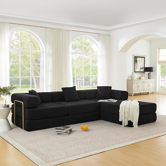 108" Convertible Sleeper Sofa Bed, Corduroy Folding Sofa Bed with Fixed-Shape Frame, Fold Out Floor Mattress Couch, Lazy Compression Sofas for Living Room, Bedroom, No Assembly Required,Black