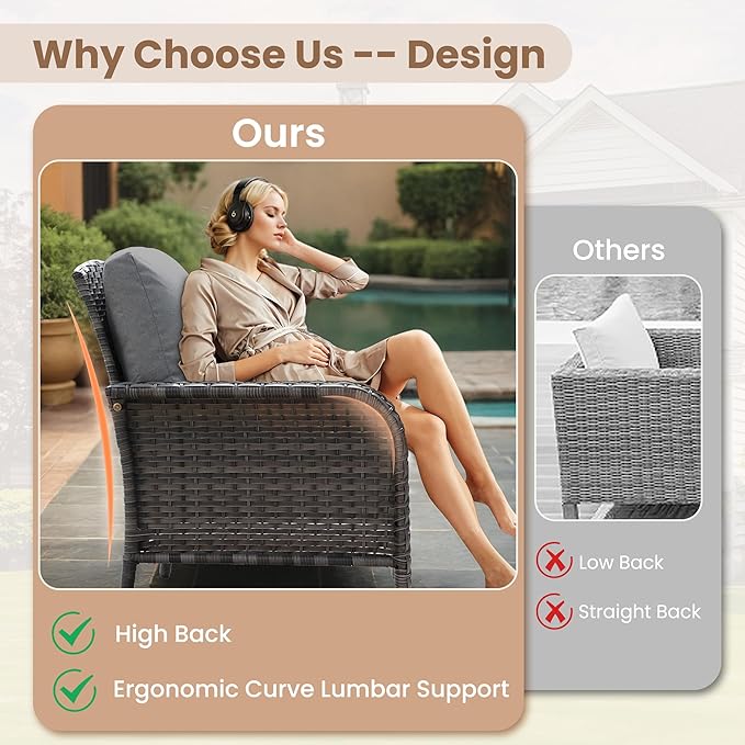 HOOOWOOO Patio Furniture Set,2 Pieces Outdoor Wicker Chairs Set,All Weather Bistro Chairs with Comfy High Back,Dark Gray