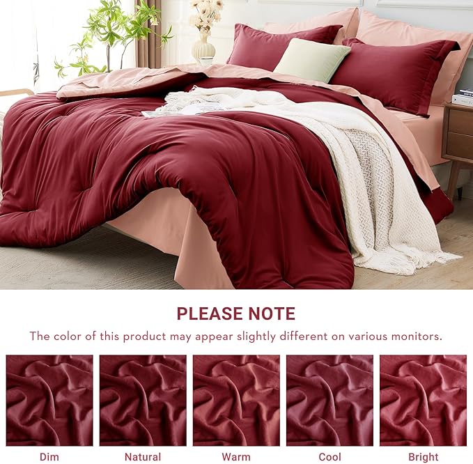 MUXHOMO 7 Pieces Full Comforter Set, Soft Bed in a Bag Full Size, All Season Bedding Set with Comforter, Flat Sheet, Fitted Sheet, Pillowcases & Shams, Burgundy & Rose Gold