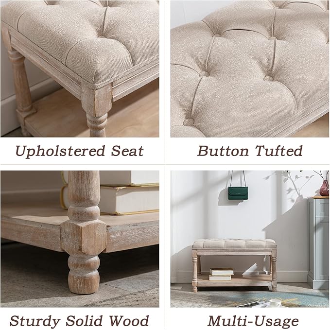 Farmhouse Storage Bench Wooden Entryway Linen Upholstered Ottoman Button Tufted Bench for Bedroom End of Bed Hallway Organizer, Beige, 32 Inch