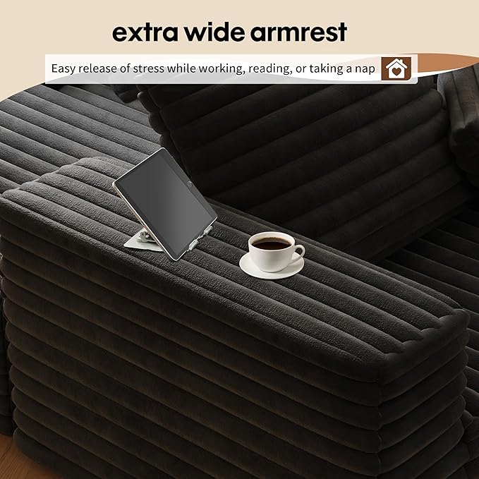 80” Oversized Double Lounge Chaise,Cloud Plush Sofa Bed,Upholstered Boneless Cloud Sofa Deep Seat,No Assembly Required,Modern Corduroy Sleeper Loveseat Chair for Living Room Bedroom Reading,Black