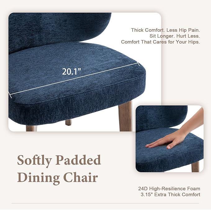 YOUNUOKE Upholstered Dining Chair, Modern Chenille Fabric Dining Room Chair with Wood Legs, Widen Backrest Comfy Side Kitchen Chairs, Blue (Single Pack)