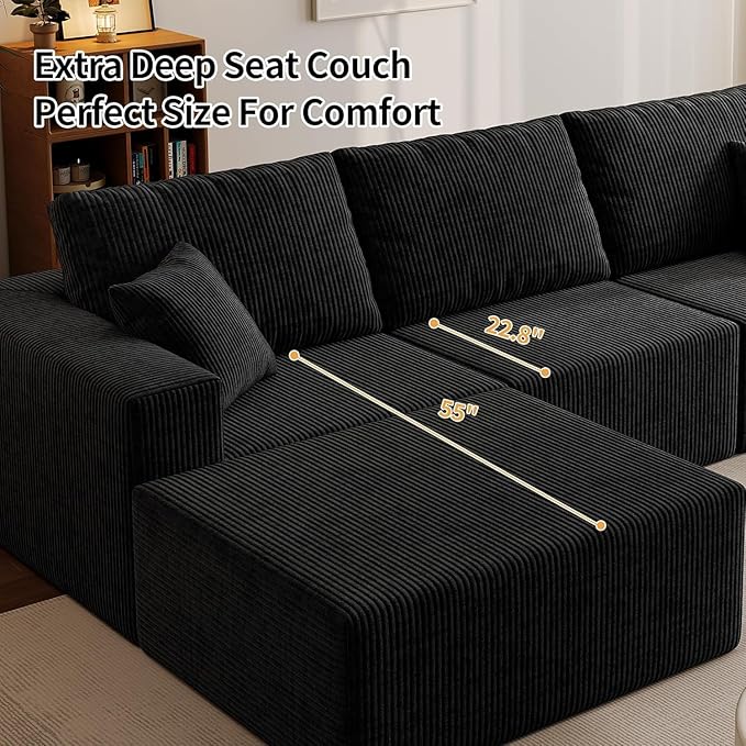 139" Boneless Cloud Sectional Couch for Living Room, Compressed Modular L-Shaped Sofa with Deep Seat, Frameless Corduroy Couch in Boxes, No Assembly Required 4-Seater (Left-Facing Chaise, Black)