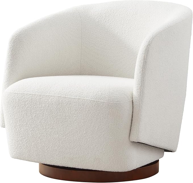 Boucle Swivel Accent Chair, No Assembly Upholstered Armchair with Rubberwood Base, 360° Rotating Barrel Chair for Living Room, Bedroom, Apartment & Reading Nook (1, Beige)
