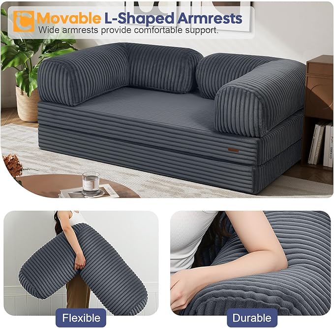 COMAX Futon Sofa Bed, 4-in-1 Floor Foldable Sofa Couch Bed Queen with L-Shaped Armrests, Convertible Folding Chair Bed Sleeper Mattress Fold Out Comfy Lounge for Living Room Bedroom, Faux Fur Ash Gray