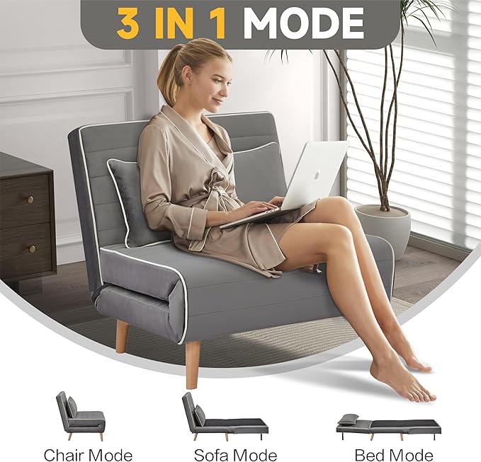 CITTANEO 2 Sets 32" Convertible Sleeper Chair, 3-in-1 Folding Sleeper Chair with Adjustable Backrest and Pillows, 2-Piece Sofa Bed Sets for Living Room, Apartment, Office, Gray