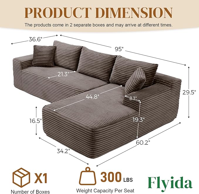 95" Boneless Cloud Sectional Couches for Living Room, Comfy Fluffy L Shaped Memory Foam Deep Seat Boneless Couch, Modular Sectional Sofa with Right Facing Chaise, Brown