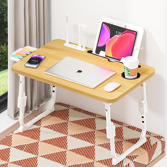 DECOSIS Laptop Bed Desk Height Adjustable, Bed Laptop Table with USB/Storage Drawer/Cup Holder/Tablet Stand/Book Shelf, Foldable Breakfast Tray Portable for Reading Writing, Bed, Sofa & Floor, Wood