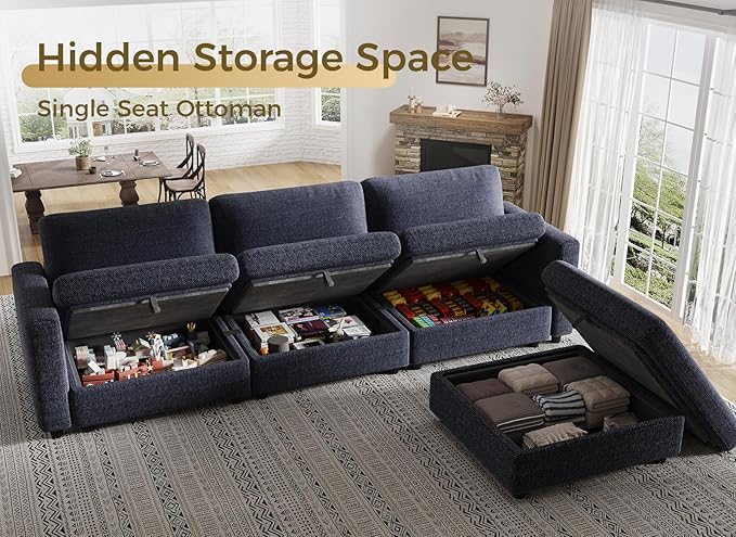 KKL Oversize Modular Sectional Sofa Couches for Living Room, 113" L Shaped Sofa with Adjustable Backrest, Couch Down Filled Sectional Sofa with Storage Ottoman Chenille, Blue