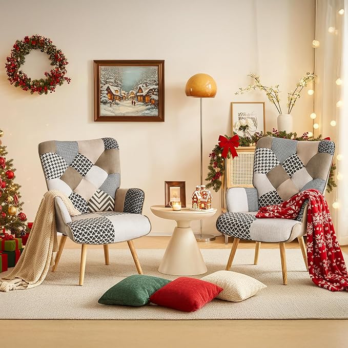 Accent Chair, Living Room Chair, Modern High Back Armchair, Colorful Patchwork Reading Chairs for Bedroom, Lounge Chair with Linen Fabric Shell and Solid Wood Feets (2, Gray)