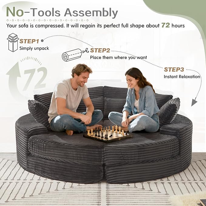 Antetek Chaise Lounge Chair Indoor, Convertible Folding Futon Sofa Bed w/ 5 Pillows, Fluffy Corduroy Boneless Compressed Memory Foam Couch for Living Room, Bedroom (Black, Left Half)
