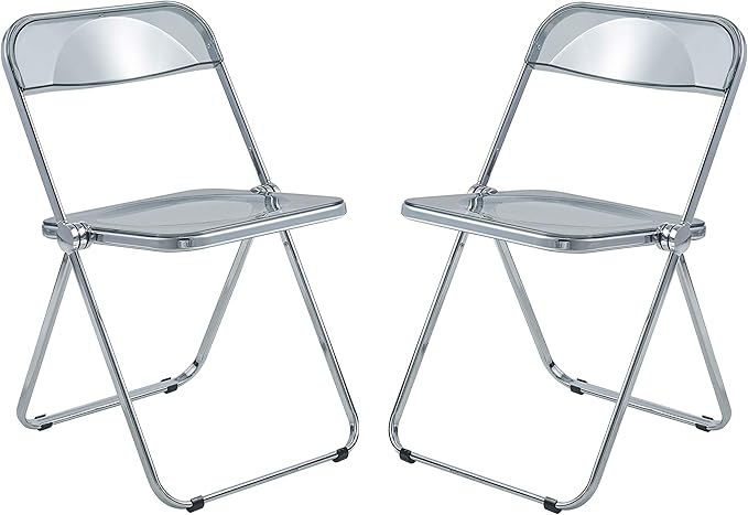 LeisureMod Lawrence Modern Clear Acrylic Folding Chair with Metal Frame, Space-Saving Transparent Seating for Dining Room, Home Office, Bedroom, Vanity or Small Spaces, (Transparent Black, Set of 2)