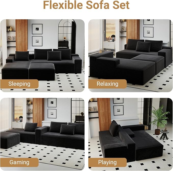 KAPEETOO U Shaped Modular Sectional Sofa with Left Chaise Ottoman, Boneless Couch with Deep Seat, Oversize 3-Seater Sofa U Shaped Set for Living Room Bedroom (Black)