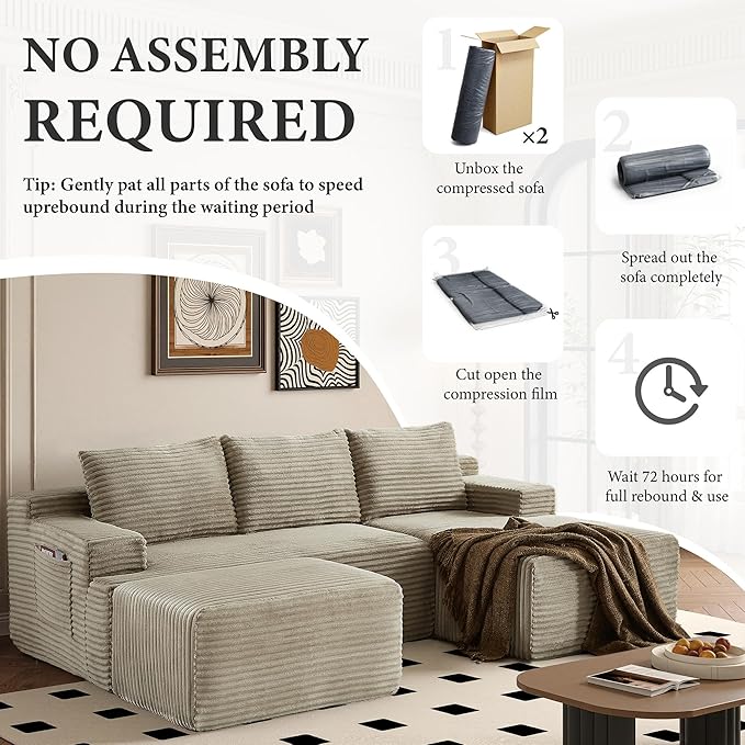 96" Sectional Couches for Living Room Cloud Couch Sofa with L-Shape Upholstered Boneless Couchs Modern Modular Sectional Couch with Chaise (Camel, 96" W+Right Facing Chaise+2Seaters+Ottoman)
