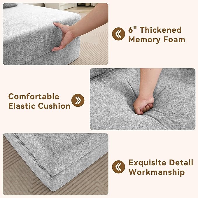 Folding Sofa Bed Convertible Floor Couch Foldable Chair Bed with Pillow，Linen Sleeper Chair Futon,Foldable Memory Foam Mattress for Bedroom/Living Room/Dorm/Office (Light Grey, Standard)