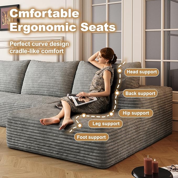 AUGOP 136" Sectional Couches for Living Room Modern Modular Sofa with L-Shape Couchs Upholstered Boneless Couch Deep Seat Sectional Couch with Chaise (Grey, Right Facing Chaise+3Seaters+Ottoman)