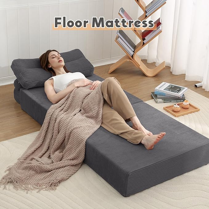 MeMoreCool Folding Sofa Bed Single – Convertible Sleeper Chair & Fold-Out Floor Lounge, Dark Grey Corded Fabric, Includes Headrest & Lumbar Pillow