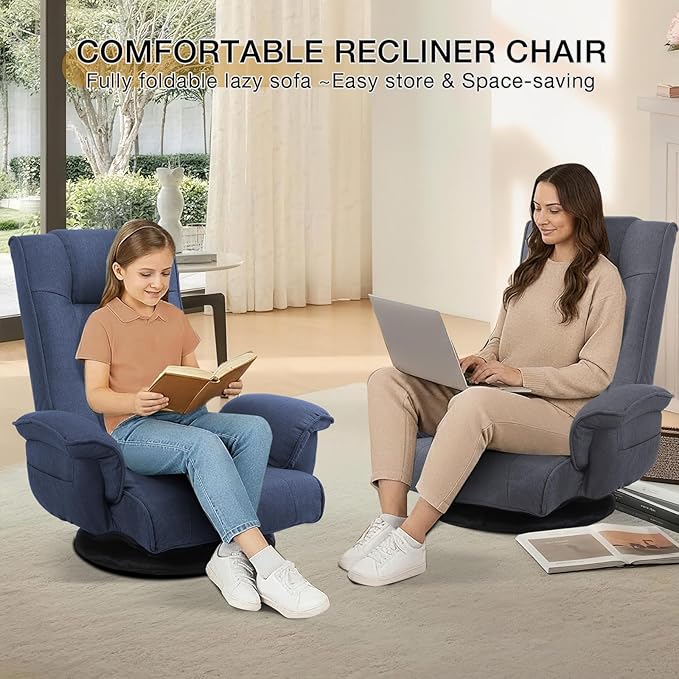 Linen Fabric Ergonomic Gaming Chair, 6-Position Reclining Sofa Bed with Lumbar Support, Foldable Floor Lounger with Thick Cushion, Armrests & Side Pockets for Esports, Reading, Napping (Blue)