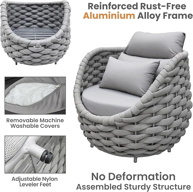 Erotr Aluminum Outdoor Patio Couch Set: 5 Pieces Woven Rope Porch Furniture Sofa Set - Metal Modern Deck Conversation Set - All Weather Assembled Courtyard Seating for Backyard Pool Hotel Resort, Grey