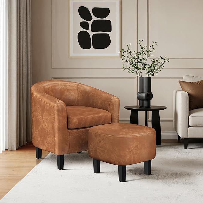 Yaheetech Accent Chair with Ottoman Footstool, PU Leather Modern Upholstered Soft Barrel Chair, Comfy Club Armchair and Footrest Set for Living Room/Bedroom/Reading Room/Guestroom, Brown