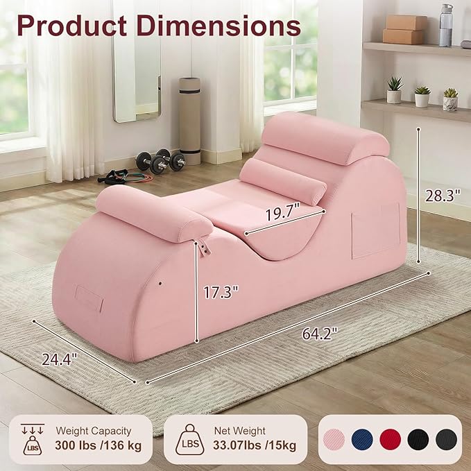 Yoga Chaise Lounge Chair, S-Shaped Floor Sofa with Moveable Headrest, Lumbar Pillow, Support Cushion, Footrest, Non-Slip Base, No-Assembly Lounger for Stretching, Meditation & Relaxation (Pink)