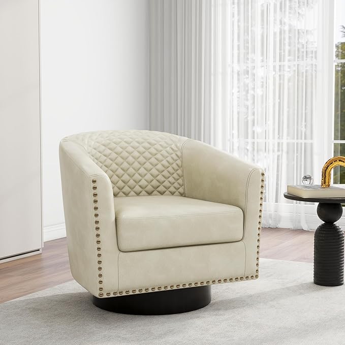 DREAMSIDEA Swivel Barrel Accent Chair, Comfy Modern Upholstered Round Faux Leather Arm Chair for Living Room, Bedroom - Beige, Set of 2