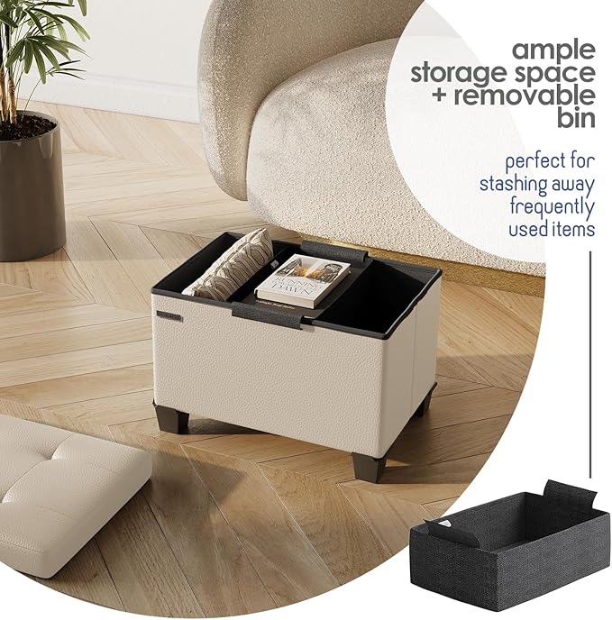 Storage Ottoman Cube with Small Bin, 16-in Square Ottoman with Storage for Living Room and Bedroom, Small Ottomans Foot Rest, Faux Leather Foot Stools Ottomans Max 330lbs, Beige