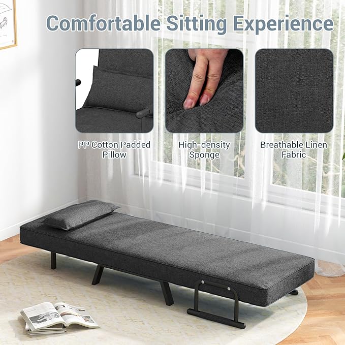KOMFOTT Convertible Sleeper Chair Bed, 4-in-1 Folding Sofa Bed with 6-Position Adjustable Backrest, Upholstered Chaise Lounge with Removable Pillow, Leisure Recliner Lounge Couch for Home Office