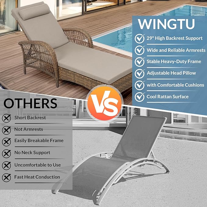 WINGTU Outdoor Chaise Lounge Chair with Side Table, All Weather PE Rattan Patio Lounge Chair with Cushion, 6-Positions Adjustable Pool Sunbathing Recliner for Poolside, Armrest & Pillow, Beige