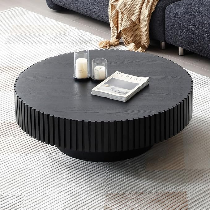35.43''/90CM Round Wood Coffee Table for Living Room, Modern Handcraft Drum Tea Table, Circle Wooden Coffee Table for Small Space Apartment(Black, Ø35.43 x 13.77)