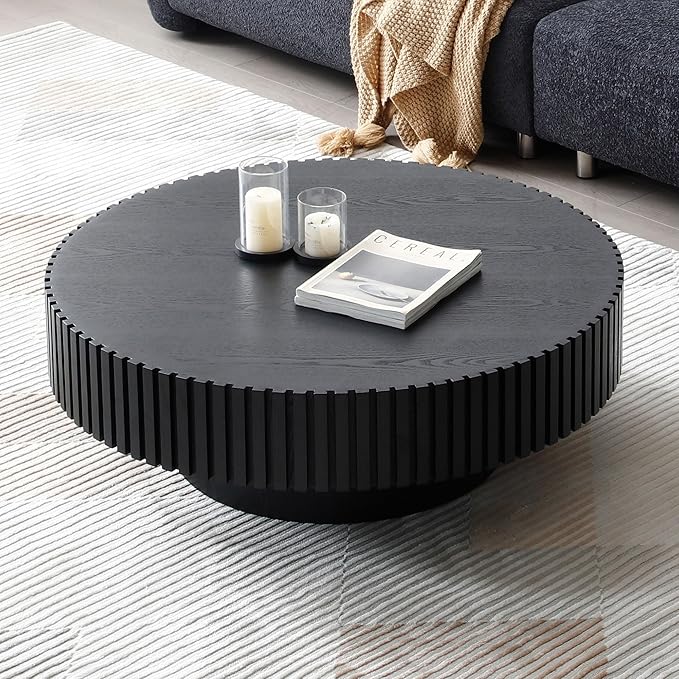 39.37'' Black Round Wood Coffee Table for Apartment, Modern Living Room Coffee Table with Sturdy Pedestal