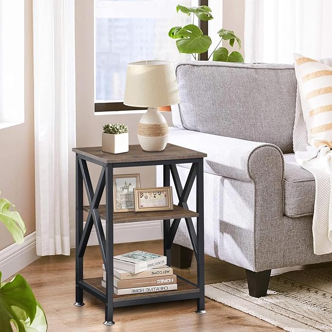 End Tables Living Room Set of 2 Farmhouse, Side Table with Storage Shelf, 16" W x 12" D x 24" H, X-Shaped Night Stands for Bedrooms, Espresso Side Table, End Tables Wood and Metal