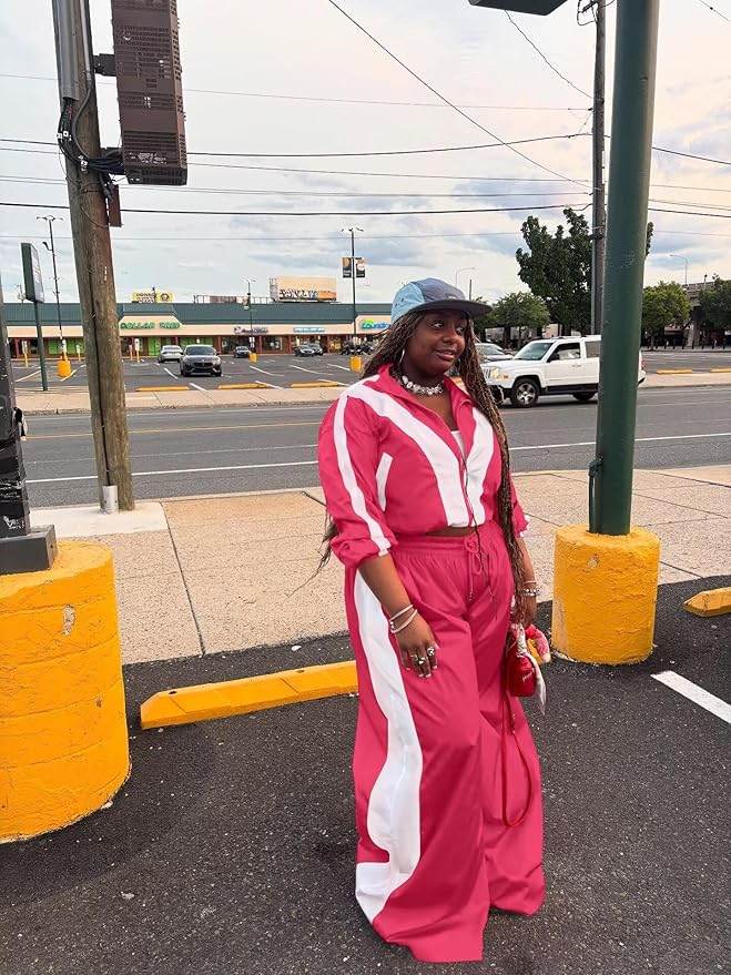 Women Striped 2 Piece Outfits Fall Workout Sets Windbreaker Tracksuit Crop Jacket Wide Leg Pants with Pockets