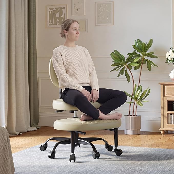 Anunweldo Cross Legged Office Chair, 360° Swivel ADHD Chairs for Adults, Height Adjustable Ergonomic Cross Legged Office Chair with Wheels, Wide Cross Legged Chair for Meditation, Yoga (Beige)