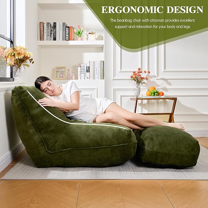Cvortll Bean Bag Chair with Ottoman, Comfy Bean Bag Sofa with Memory Foam, Lazy BeanBag Sofa with Footstool, Fireside Bean Bag Couch for Living Room, Bedroom, Apartment (Green)