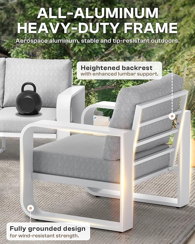 Aluminum Outdoor Patio Furniture Set, 4 Piece Oversized Patio Conversation Sets Widened Armrest & Ultra-Thick Cushions, Heavy Duty Modern Sectional Furniture for Backyard, Deck, White