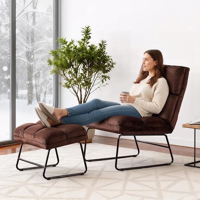MCombo Velvet Accent Chair with Ottoman Set, Modern Armless Chair for Living Room, Bedroom, Small Space 0014 (Velvet, Brown)