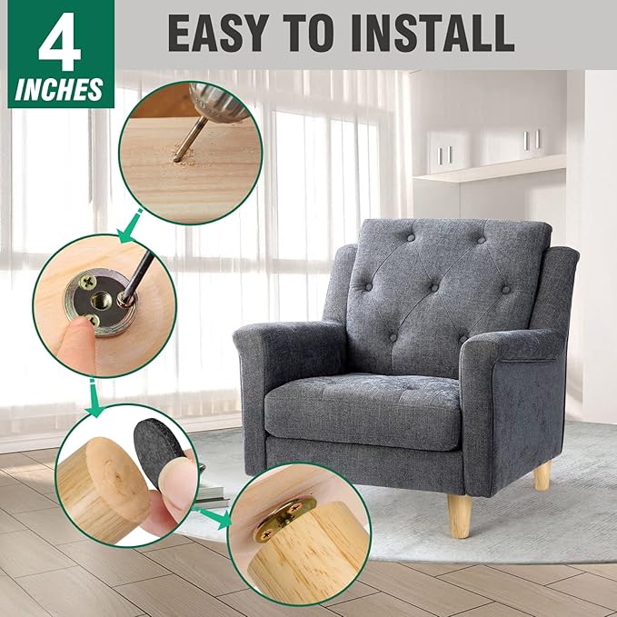 FoDau770 Rubber Wood Furniture Legs 4 Inches, Straight Tapered Wood Feet Mid Century Sofa Legs Set of 4, 5/16" UNC Furniture Feet Replacement Parts for Cabinet Couch Dresser Chair Ottoman Table