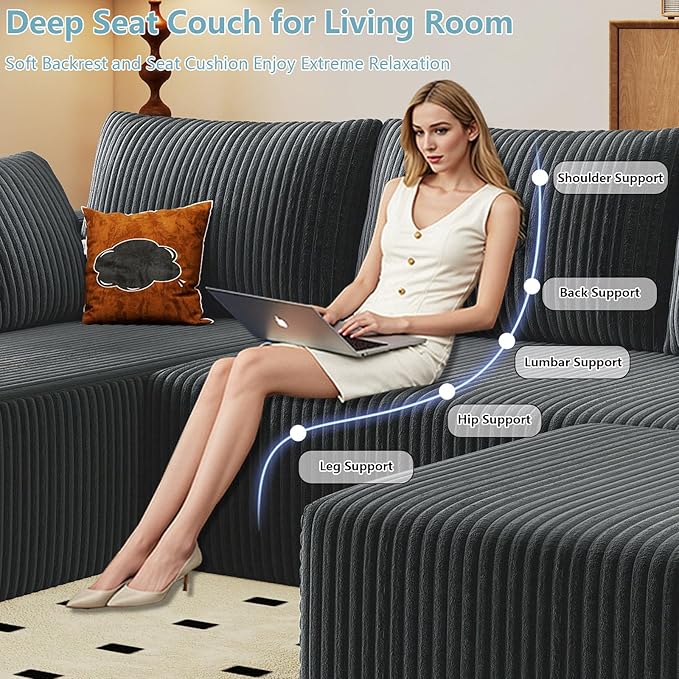 96" W Cloud Sectional Couch with Ottoman,Modern U-Shaped Cloud Couch with Deep Seat,Comfy Corduroy 3-Seater Sofa,Memory Foam Sofa for Living Room,No Assembly (Dark Grey,Left-Facing Chaise)
