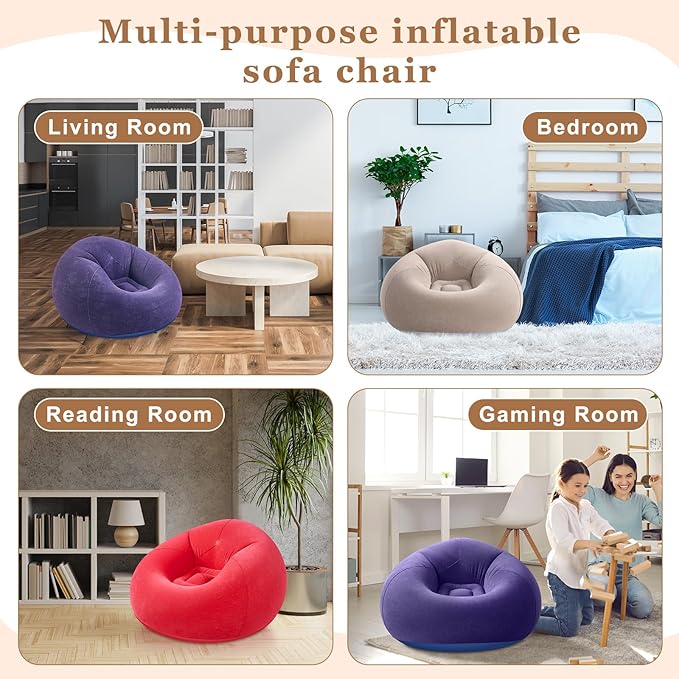 Realspring 6 Pcs Inflatable Bean Bag Chairs for Adults with Electric Air Pump, Blow up Couch Folding Portable Inflatable Couch Lazy Sofa for Outdoor Movie Nights Camping Room (Coffee,Blue,Red)