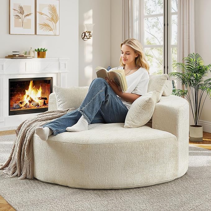 55"W Oversized Round Chair Lounge Chaise Indoor, Upholstered Comfy Circle Sofa Armchair, Modern Cozy Boneless Foam Floor Reading Chair for Living Room, Bedroom, No Assembly Required(Chenille, Beige)