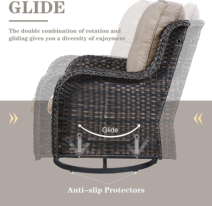 Belord Outdoor Patio Furniture Set with Propane Fire Pit Table, 7 Pieces Wicker Patio Conversation Set with 2 Swivel Glider Rocker Chair Rattan Sofa Grey Cushion Perfect for Casual Gathering